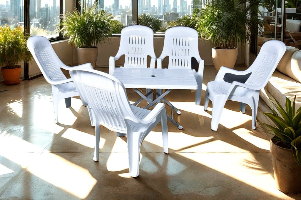 Mughal-e-Azam High Back Plastic Chair Set with BP-214-s Folding Steel Plastic Table White Color